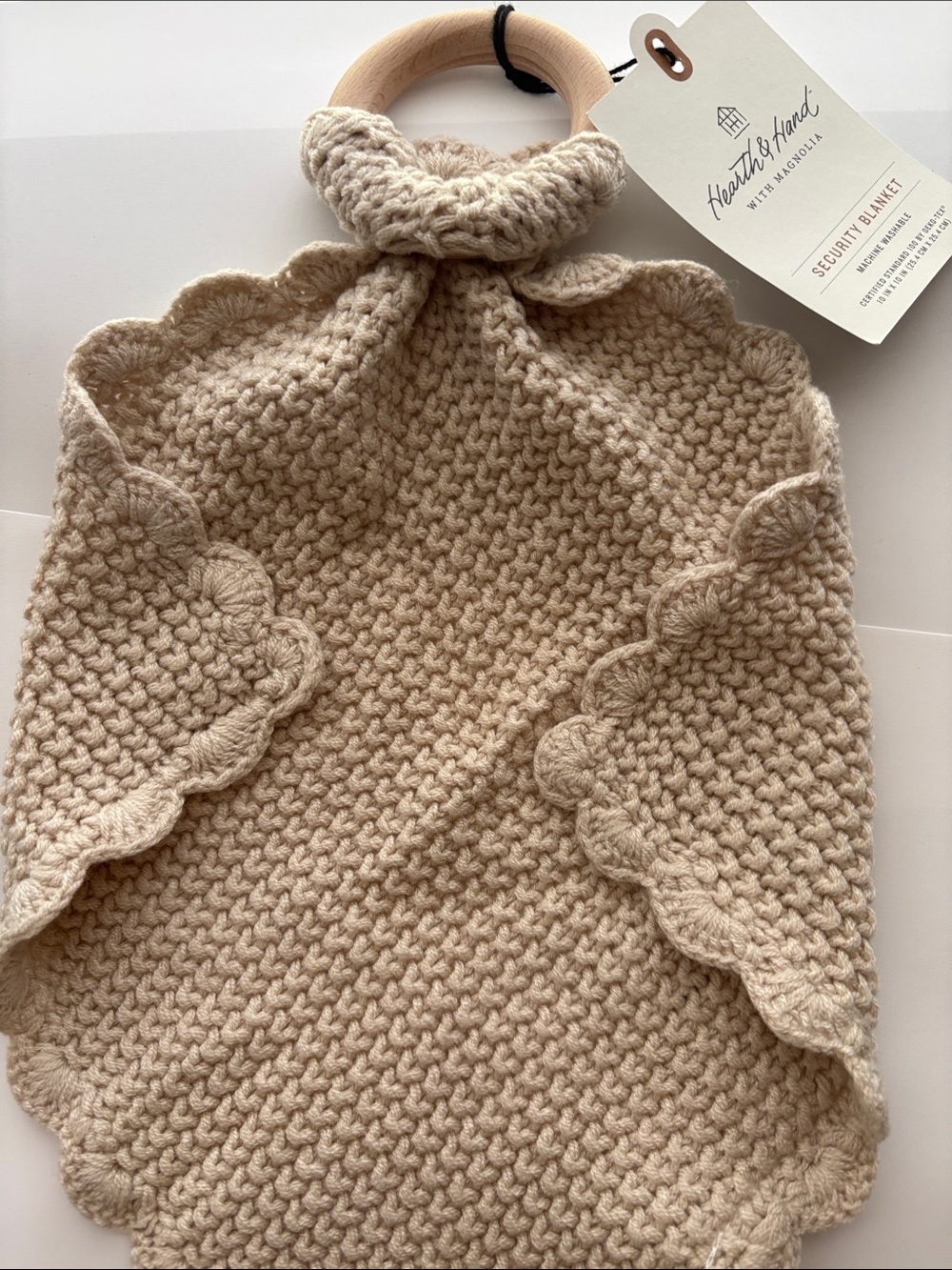 Hearth & Hand Soft Knit Baby Security lovey Blanket w Wood Ring cream